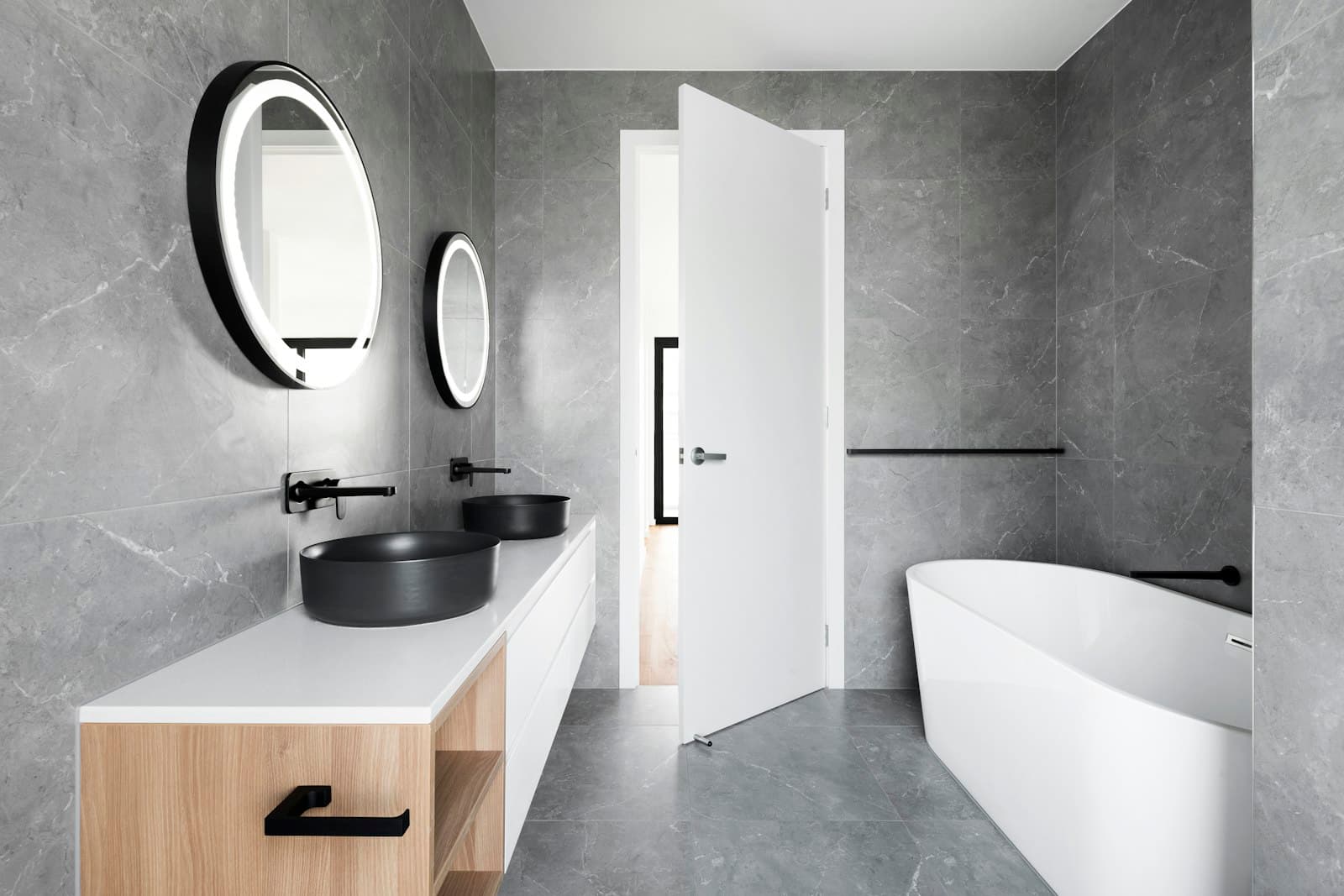 Clean modern bathroom with a freestanding tub